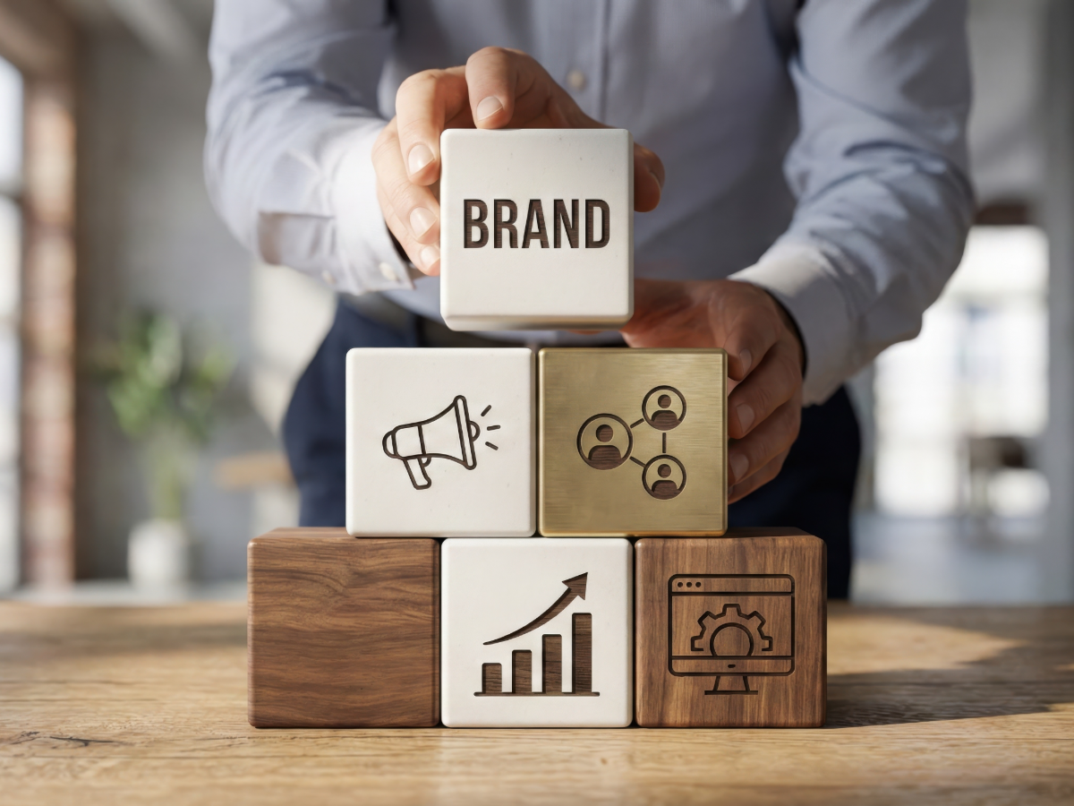 Wooden blocks spelling BRAND being stacked with icons for messaging, audience, growth and web