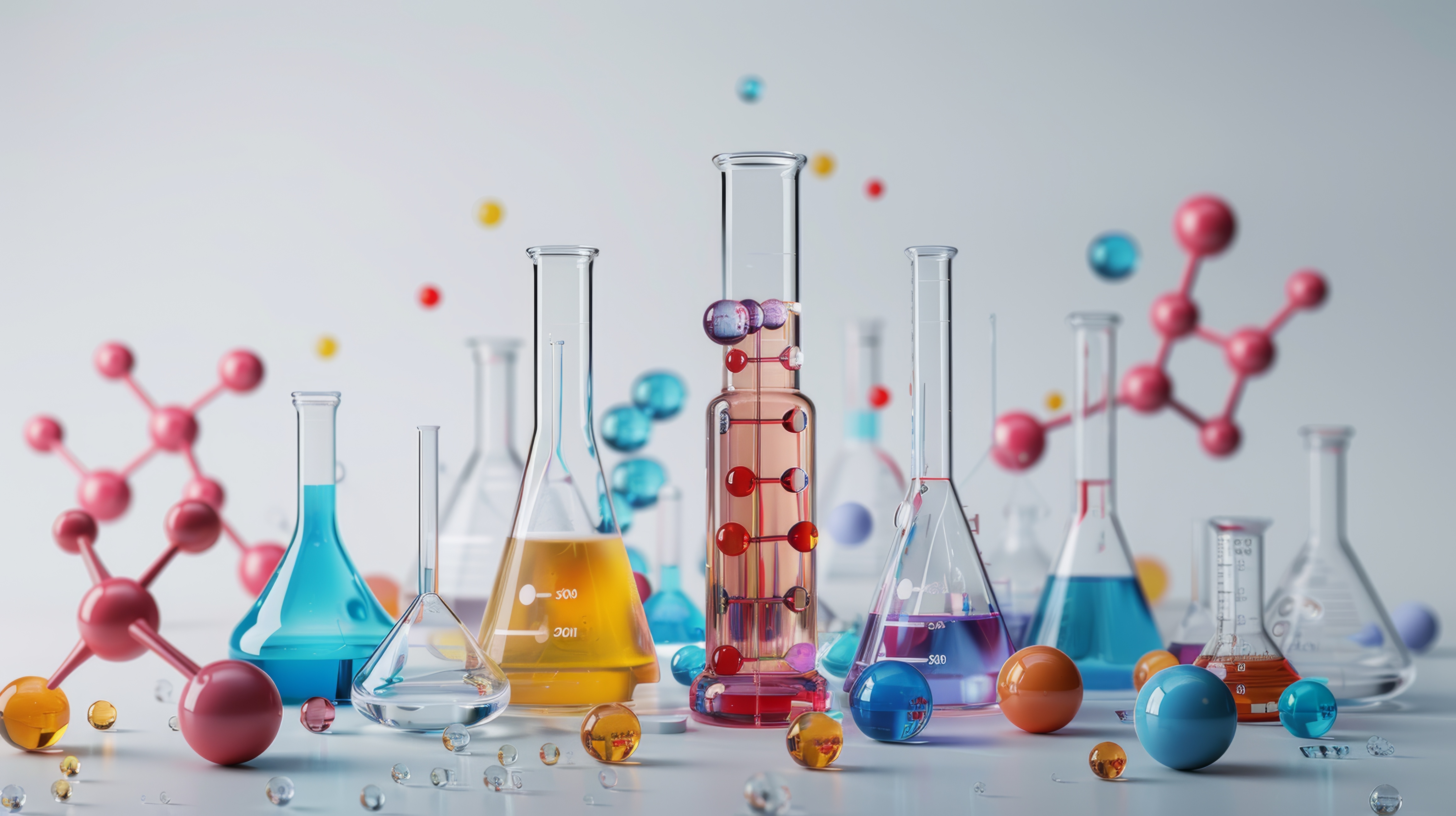 Laboratory flasks arranged on a bench during a formulation session