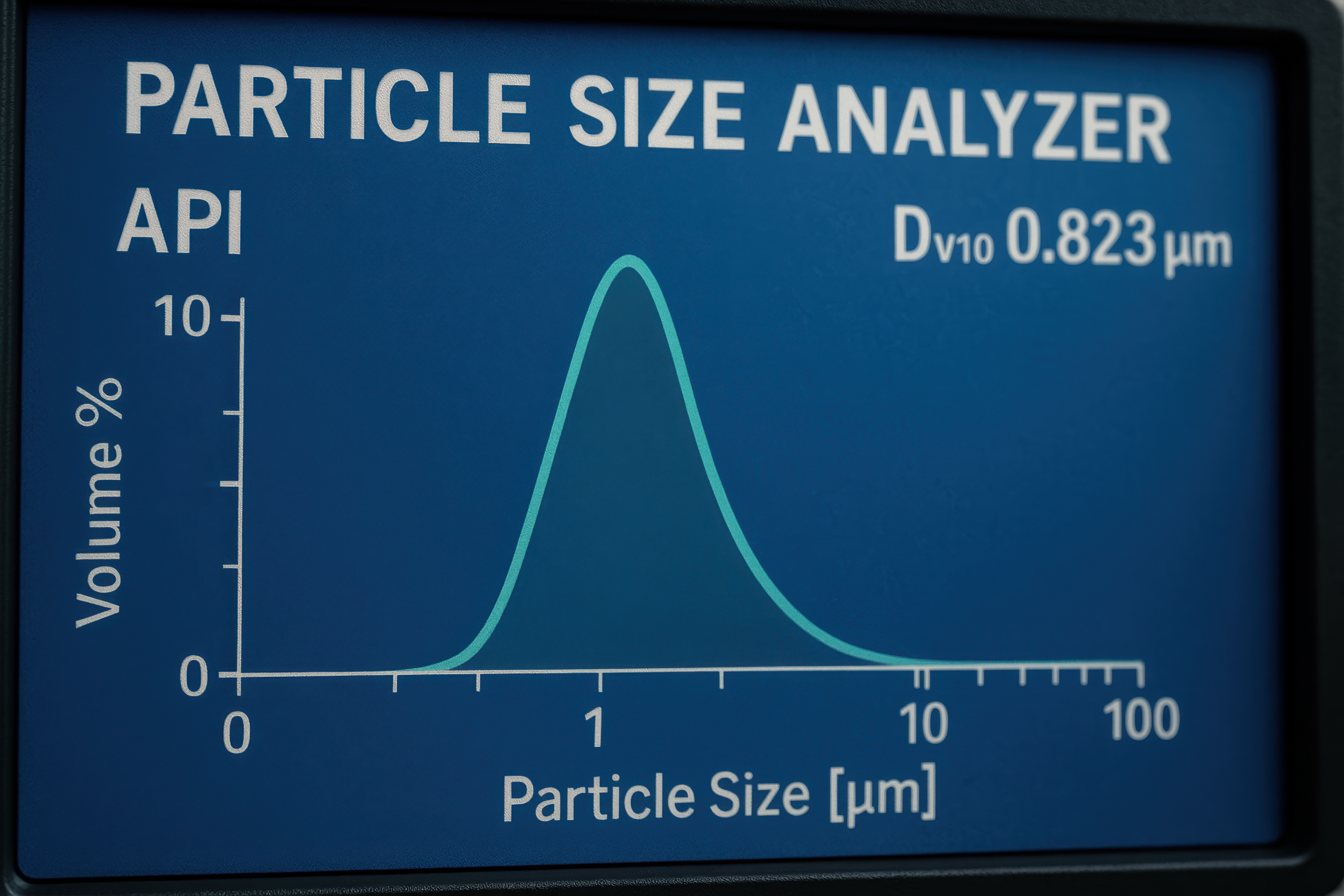 A particle size analyzer screen showing a distribution curve